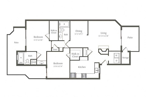 Floor plan for 2 beds, 2 baths, 1180 sqft